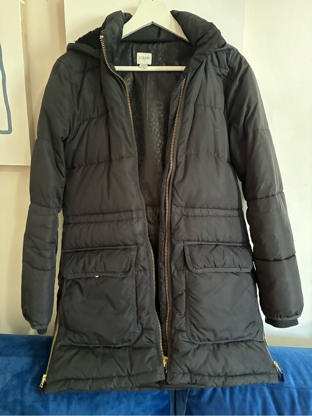 J. Crew Black Long Quilted Puffer Coat with Hood